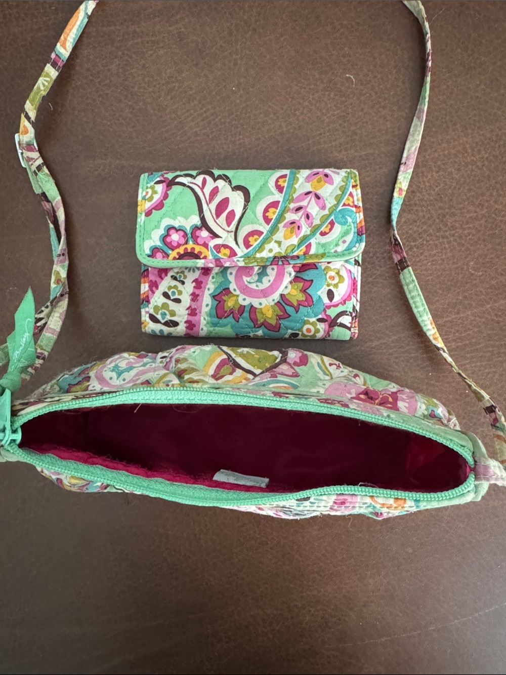 Vera Bradley Quilted Floral Crossbody Bag and Wallet Set - Mint & Pink Set